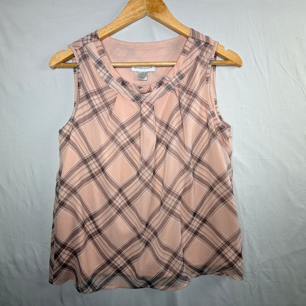 Christopher & Banks Pink Plaid Sleeveless Pleated Neck Chiffon Blouse Small